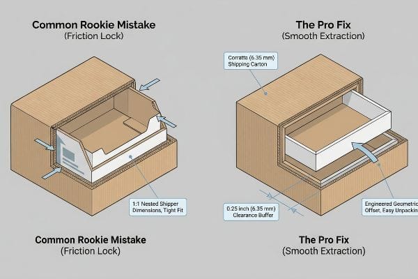Corrugated packaging comparison: tight-fit friction lock vs. 0.25 inch (6.35 mm) clearance buffer for smooth extraction of PDQ trays.