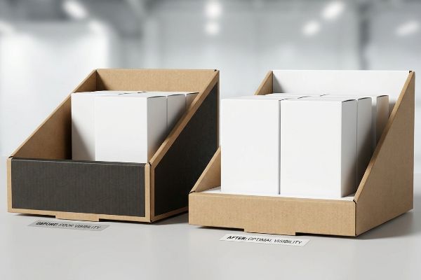 Brown kraft paper PDQ display trays comparing 'Before: Poor Visibility' with a dark, tall lip to 'After: Optimal Visibility' with a white, low lip for white boxes.