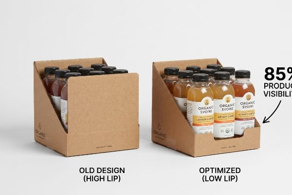 Cardboard PDQ displays: high-lip design obscuring Organic Svoins bottles vs. optimized low-lip design with 85% product visibility.