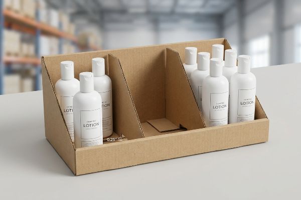 Brown corrugated PDQ tray with modular dividers holds Generic Lotion bottles, showing 0.25-inch physical clearance.
