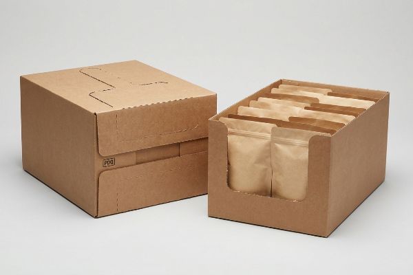 Brown corrugated PDQ master shipper next to an open retail display box filled with kraft stand-up pouches.