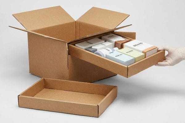 Aus einem Versandkarton wird ein PDQ-Display aus Wellpappe entnommen, wodurch modulare Trays mit Produkten der Marke sichtbar werden.