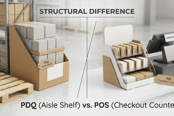 A brown cardboard PDQ Aisle Shelf display next to a white and clear acrylic POS Checkout Counter display, illustrating their Structural Difference.