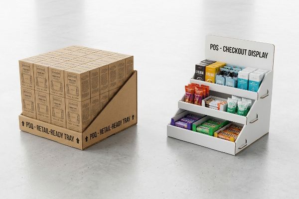 A brown PDQ - Retail-Ready Tray filled with small boxes sits next to a white POS - Checkout Display stocked with various consumer goods.