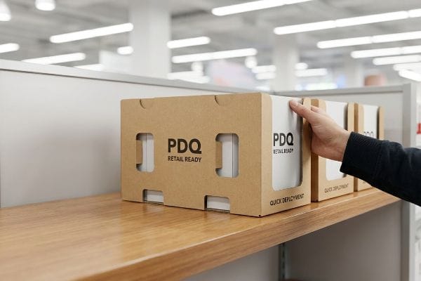 Bandeja de papelão marrom para merchandising da PDQ Retail Ready sendo colocada em uma prateleira de madeira, exibindo o texto "QuickDeployment" (Implantação Rápida).
