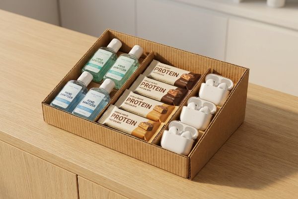 A retail-ready corrugated display box features Hand Sanitizer, Single Serve Protein Bars, and white wireless earbuds on a light wood surface.