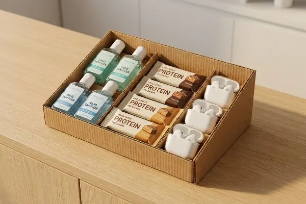 A retail-ready corrugated display box features Hand Sanitizer, Single Serve Protein Bars, and white wireless earbuds on a light wood surface.