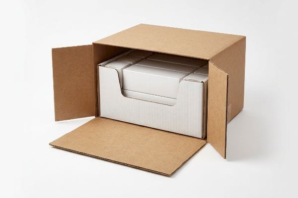 Brown corrugated shipper box with open flaps, showcasing a white PDQ shelf-ready tray of products inside, illustrating internal packaging and clearance.