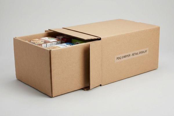 PDQ Shipper Retail Display Brown corrugated master shipping carton with a partially pulled-out PDQ Shipper - Retail Display tray, filled with various food products.
