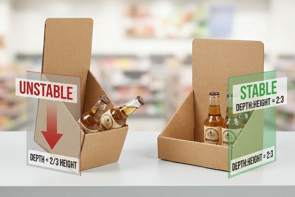 Two corrugated cardboard PDQ displays illustrate stability. One Unstable, with Depth < 2/3 Height, and one Stable, with Depth:Height = 2:3, both holding bottles.