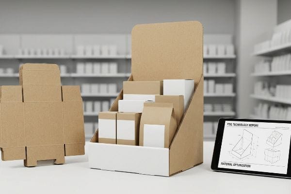 A retail setting features a PDQ display filled with various packaging boxes and a tablet showing a 