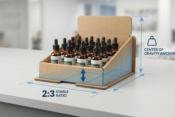 Corrugated cardboard PDQ display with amber tincture bottles, illustrating 2:3 Stable Ratio and Center of Gravity Anchor for stability.