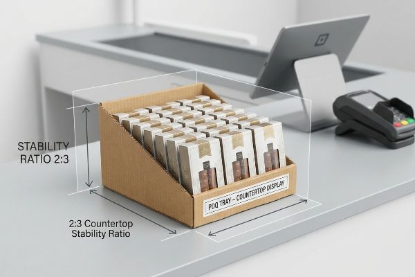 Corrugated PDQ Tray - Countertop Display on a grey counter, demonstrating the 2:3 Countertop Stability Ratio with products and a Square POS system.
