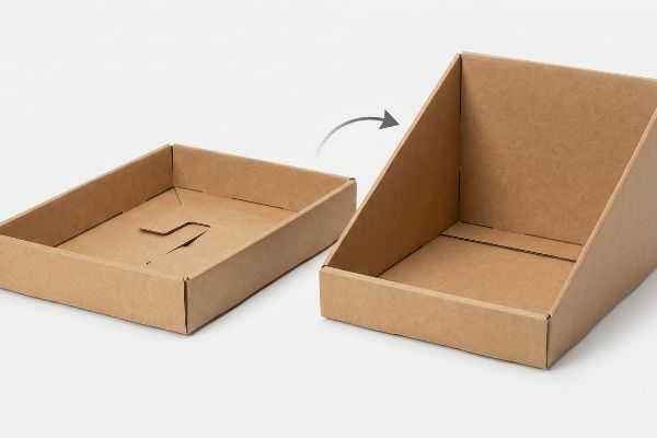 Natural brown kraft cardboard PDQ display trays, illustrating a flat-packed unit with a tab-lock mechanism transforming into an assembled retail-ready shelf tray.