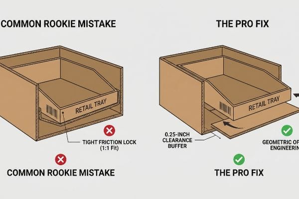 Brown corrugated cardboard master cartons compare a Common Rookie Mistake of a Retail Tray with a Tight Friction Lock (1:1 Fit) to The Pro Fix, showing a 0.25-Inch Clearance Buffer for easy removal.