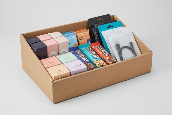 A brown cardboard PDQ tray holds pastel cosmetic boxes, Snack Bays bars, a Hot Milk pouch, and a USB cable.