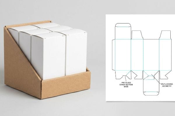 Corrugated PDQ display tray with six white boxes, next to a dieline showing Pre-Glued Crash-Bottom Base and Self-Locking Geometry.