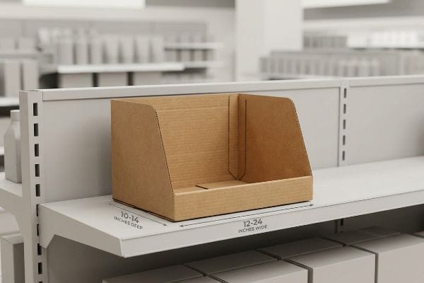 Ein leeres PDQ-Displaytablett aus Wellpappe steht in einem Verkaufsregal und zeigt seine Abmessungen von 10-14 Zoll Tiefe und 12-24 Zoll Breite.