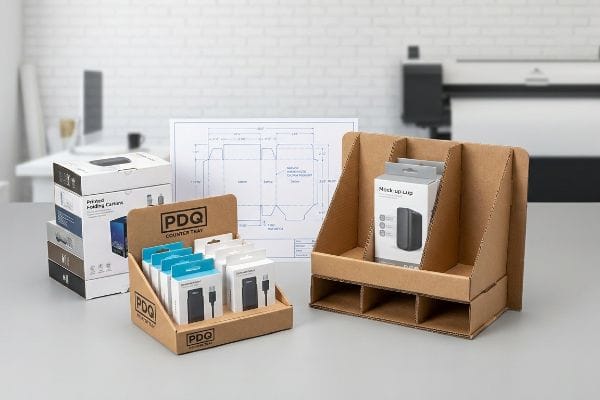 Les plateaux de comptoir PDQ en carton ondulé présentent des petites boîtes électroniques, un