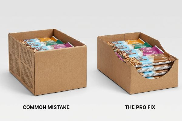Corrugated cardboard PDQ trays comparing a Common Mistake high lip with The Pro Fix die-cut swoop for Crunchy snack bar visibility.