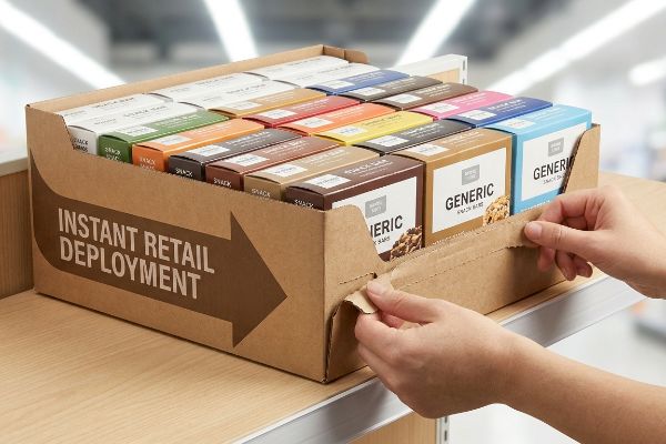 Eine Wellpapp-PDQ-Schale mit dem Aufdruck „Instant Retail Deployment“, die mehrfarbige „Generic“-Snackriegel enthält, wird von Hand auf einem Regal geöffnet.