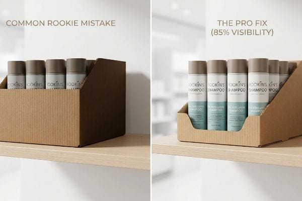 Wellpapp-PDQ-Schalen für Rookin's Shampoo. Links: Hoher Rand, typischer Anfängerfehler. Rechts: Niedriger Rand, Profi-Lösung, 85 % Sichtbarkeit.