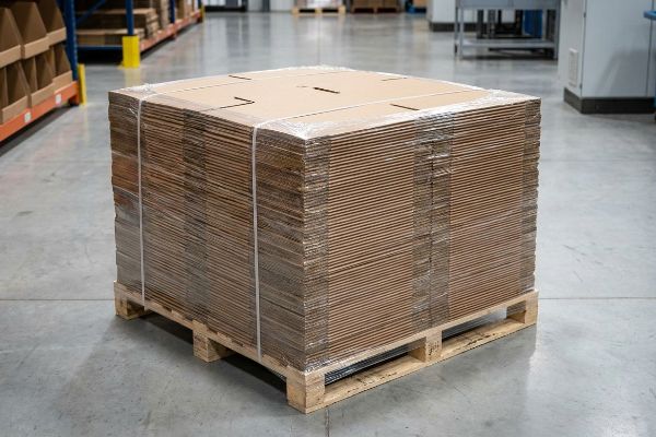 A warehouse floor displays a large stack of unassembled corrugated cardboard PDQ trays, shrink-wrapped on a wooden pallet.