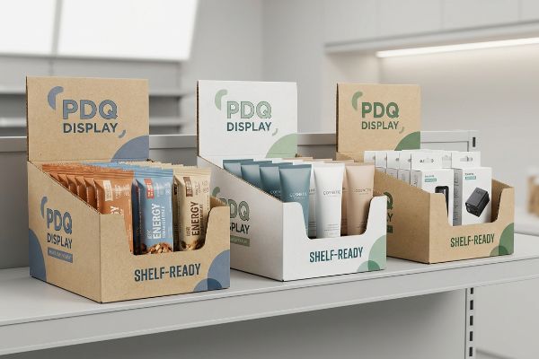 Three PDQ Display shelf-ready packaging trays on a retail shelf, featuring energy bars, cosmetic tubes, and electronic devices, all labeled 'Shelf-Ready'.