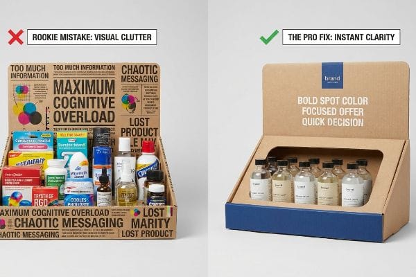 Kraft cardboard PDQ comparing a 'Rookie Mistake: Visual Clutter' with 'Maximum Cognitive Overload' to 'The Pro Fix: Instant Clarity' and 'Focused Offer'.