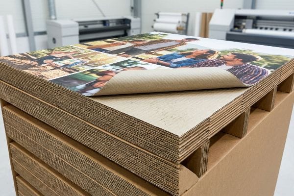 Stacked corrugated sheets with a high-resolution photo collage top sheet, partially peeled, demonstrating litho-lamination for pallet displays.
