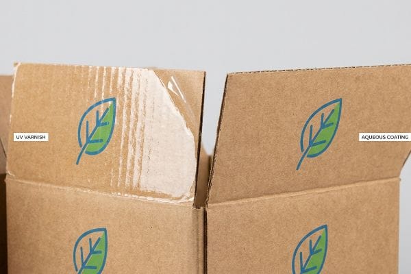 Peeling UV Varnish on corrugated cardboard contrasts with a smooth Aqueous Coating section, both featuring a green leaf logo.