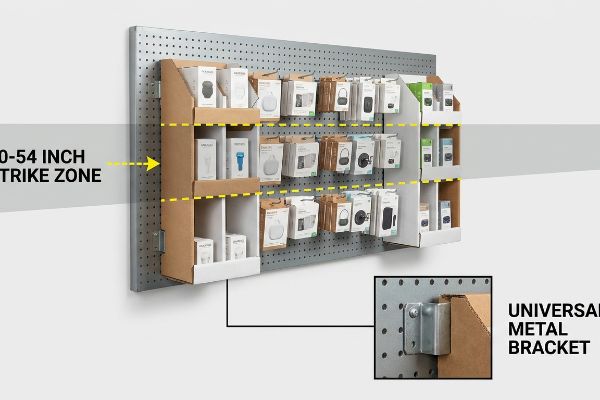 Cardboard pegboard display units showcasing retail merchandise within the 50-54 Inch Strike Zone, secured by a Universal Metal Bracket.