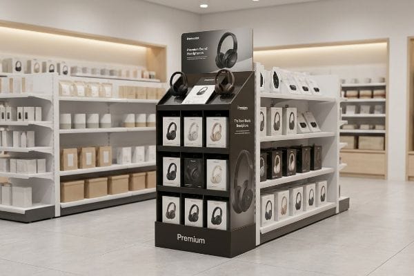 Black Penncom Premium Brand Headphones display stand in a retail aisle, showcasing various boxed headphones, optimizing floor space.