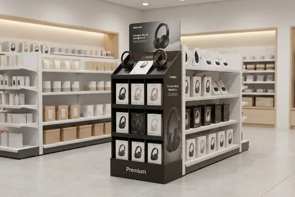 Présentoir noir pour casques audio haut de gamme Penncom, placé dans une allée de magasin, présentant différents casques en boîte et optimisant l'espace au sol.