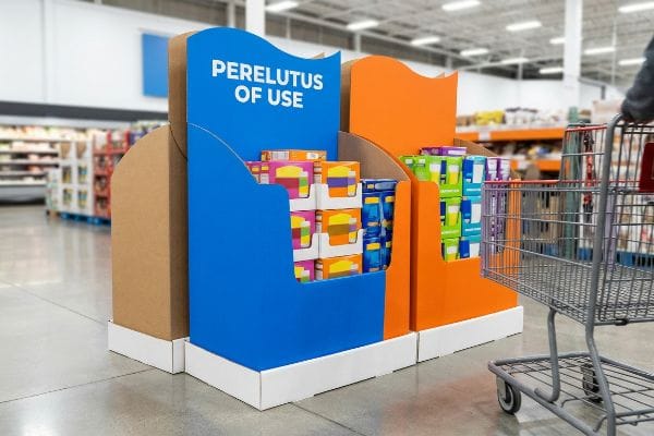 Two high-contrast cardboard retail displays, blue with 