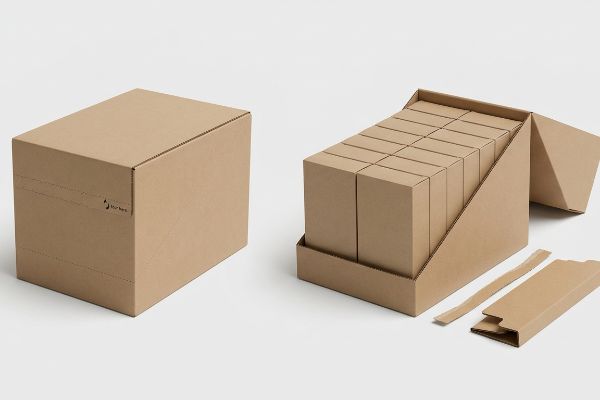 Brown corrugated master carton with 'tear here' perforation next to an open shelf-ready retail display tray.