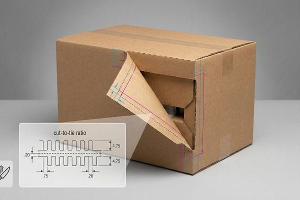 Caja de cartón corrugado marrón con un panel parcialmente rasgado que muestra perforaciones y un diagrama que detalla la "Relación de corte a sujeción" con medidas de 0,20, 0,75 y 4,75.