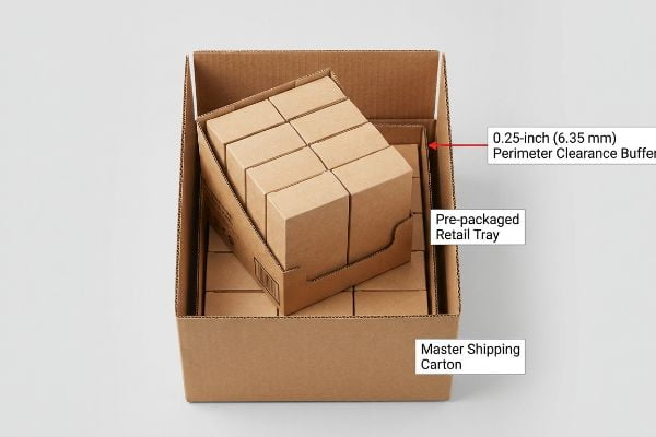 Brown corrugated Master Shipping Carton holding a Pre-packaged Retail Tray with a 0.25-inch (6.35 mm) Perimeter Clearance Buffer.