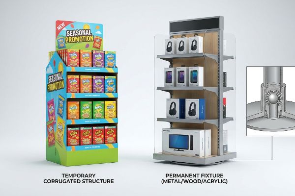 Corrugated 'Seasonal Promotion' display and permanent metal, wood, acrylic fixture with ball-bearing detail.