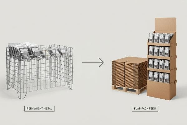 A "Permanent Metal" wire basket display compared to a "Flat-Pack FSDU" corrugated display, highlighting freight efficiency.