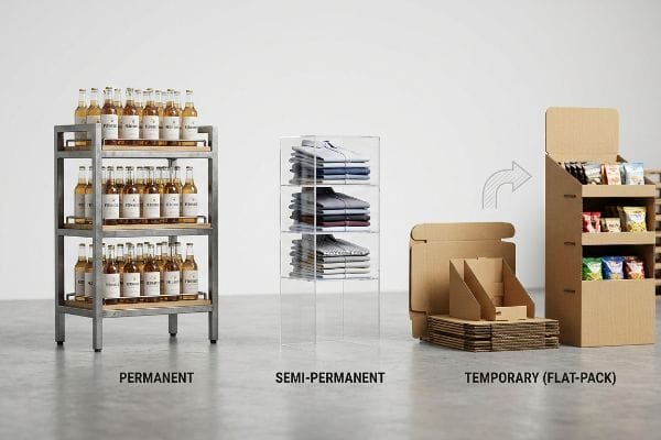 Retail Display Types Permanent metal and wood display, Semi-Permanent clear acrylic unit, and Temporary (Flat-Pack) corrugated cardboard retail displays.