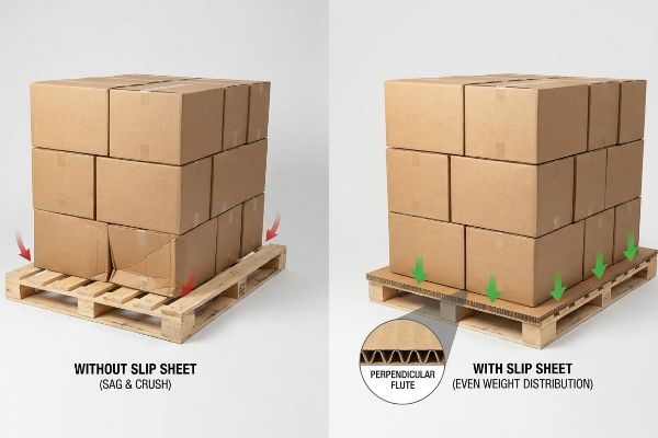 Corrugated boxes on pallets: Sag and crush without a slip sheet, versus even weight distribution with a perpendicular flute slip sheet.