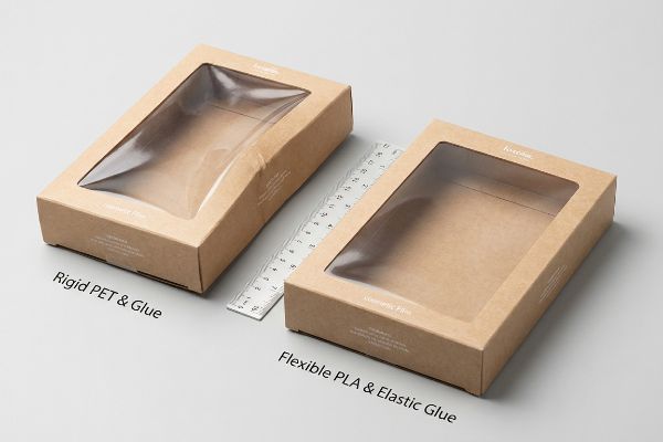 Koozali chipboard boxes with Kinematic Film windows, comparing Rigid PET & Glue to Flexible PLA & Elastic Glue for packaging.