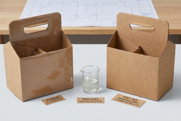 Brown corrugated beverage carriers showcase food-safe coatings: one with 