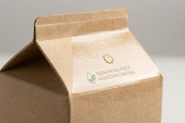 Natural kraft paper carton with a water droplet on its 100% PFAS-Free Aqueous Coating label, highlighting eco-friendly packaging.