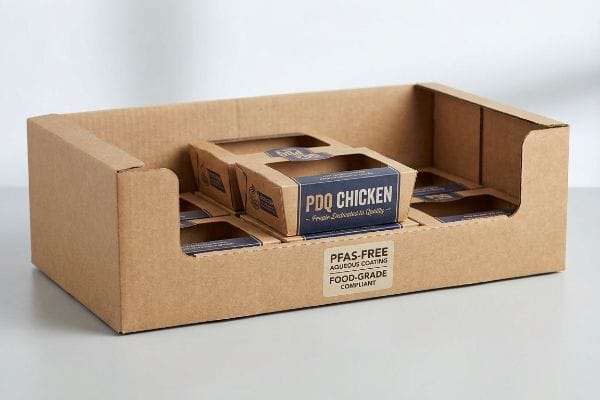 Kraft corrugated display tray holding PDQ Chicken boxes, labeled PFAS-Free Aqueous Coating and Food-Grade Compliant.