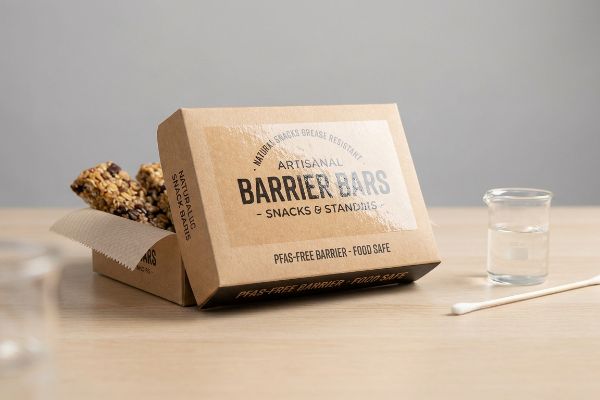 Kraft box of Artisanal Barrier Bars, Natural Snacks Grease Resistant, PFAS-Free Barrier, Food Safe, with granola bars and beaker.