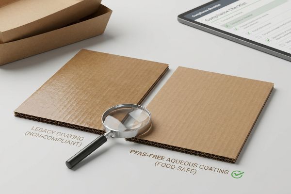 Corrugated cardboard samples: Pfas-Free Aqueous Coating (Food-Safe) and Legacy Coating (Non-Compliant), magnified for food-safe packaging.