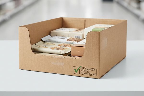 Corrugated display tray with food packaging, labeled FDA-Compliant Materials and PFAS-Free Coating for grocery.