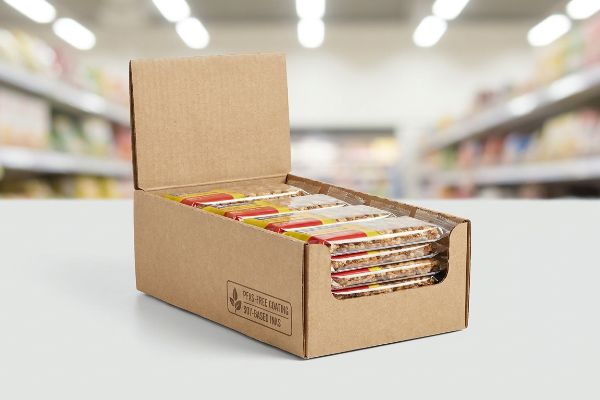 Brown corrugated PDQ display box featuring Pfas-Free Coating and Soy-Based Inks, filled with snack bars in a grocery aisle.
